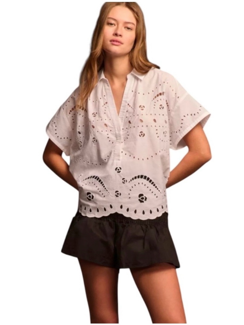 Maeve Anthropologie White Eyelet Cotton Split‑Neck Blouse